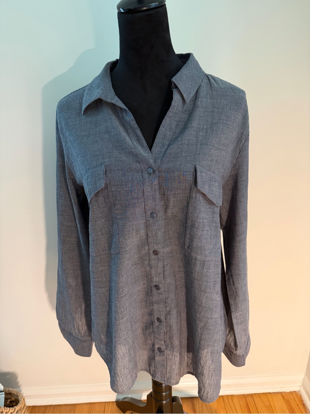 Eileen Fisher Charcoal Cotton-Linen Button-Front Long-Sleeve Shirt Size M